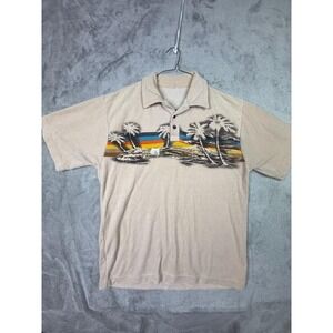 Lightning Bolt Hawaiian Tropical Palm Tree Polo Shirt Men's Tan Beach Retro